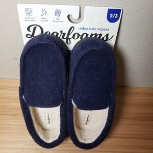 Dearfoams Kids Size 2/3 Memory Foam Slippers Navy Blue Slip On Washable New